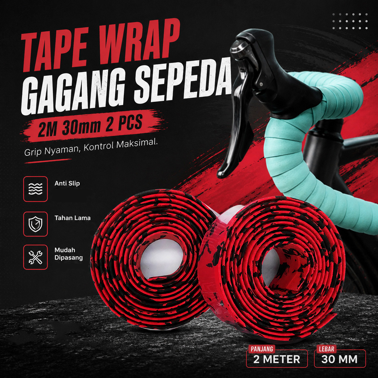 Handlebar Tape Gagang Sepeda Bicycle Handle Wrap 2M 30mm 2 PCS - GH-081H Gambar produk Handlebar Tape Gagang Sepeda Bicycle Handle Wrap 2M 30mm 2 PCS - GH-081H - Utama