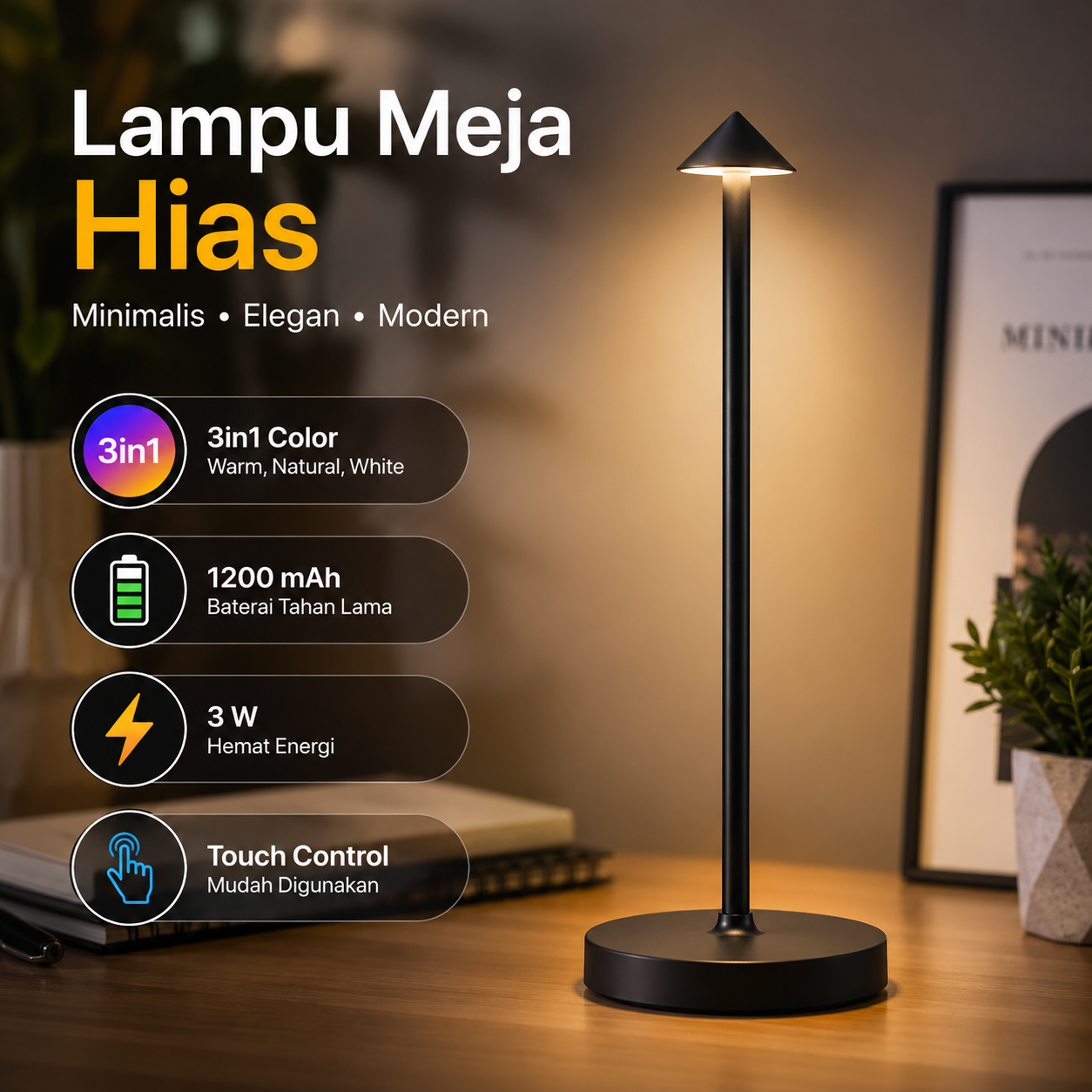 TaffLED Lampu Meja Hias Touch Lamp Restaurant Bar 3in1 Color 1200mAh - TW60 Gambar produk TaffLED Lampu Meja Hias Touch Lamp Restaurant Bar 3in1 Color 1200mAh - TW60 - Utama