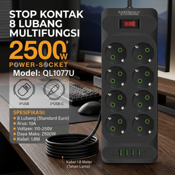 Taffware Stop Kontak Kabel USB Type C 10A 110-250V 2500W 1.8M - QL-1077U / QL-1078U