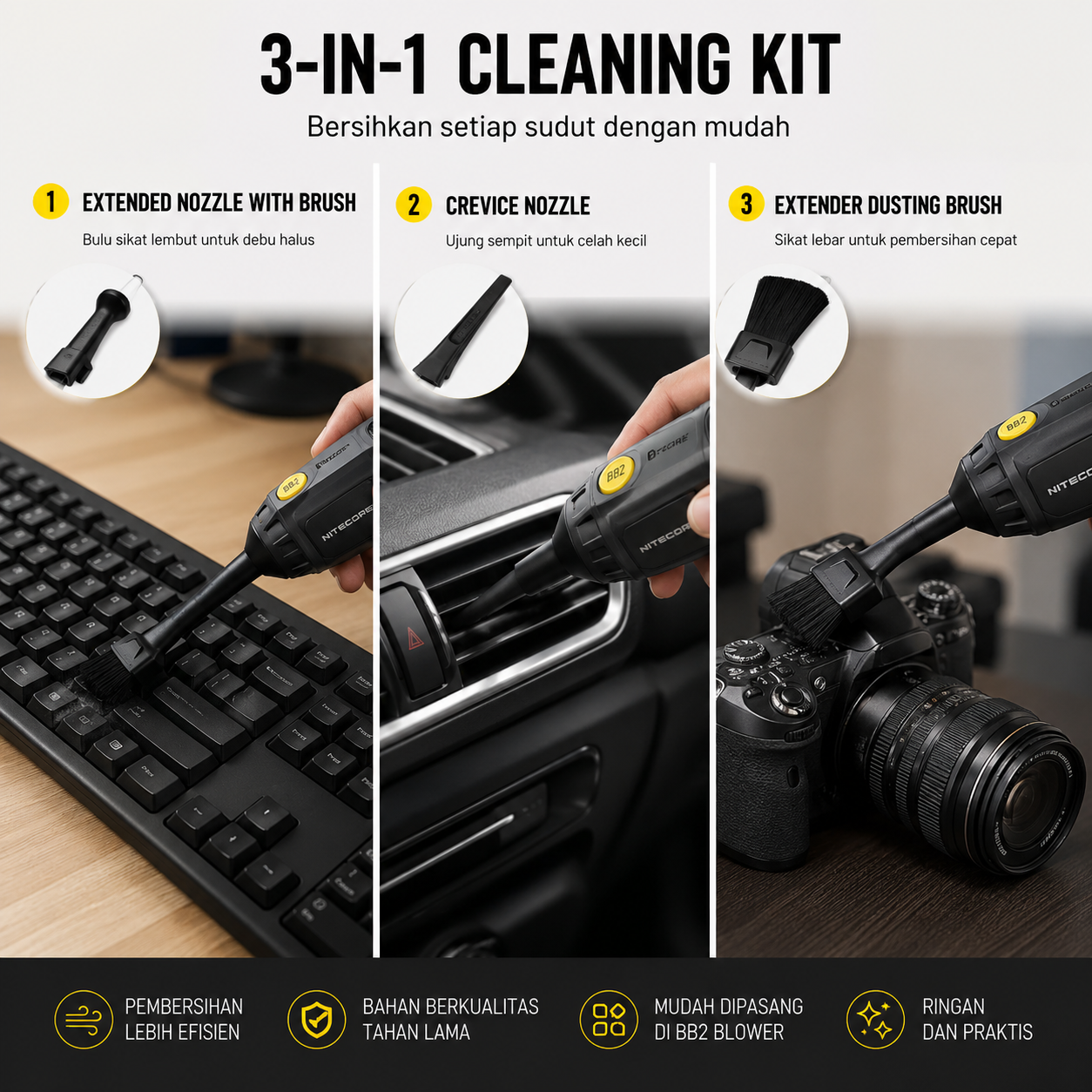 Gambar produk NITECORE Extension Cleaning Kit Brush Nozzle 3in1 for BB2 Blower - NIA004 - 5