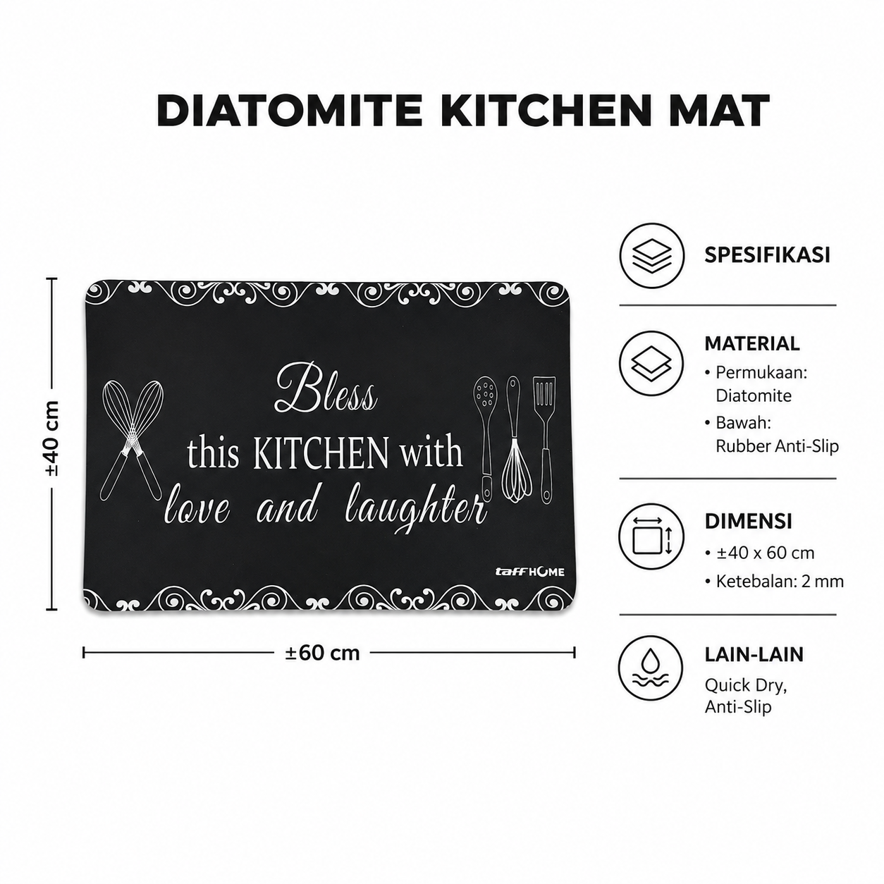 TaffHOME Keset Dapur Living Room Kitchen Diatomite Anti Slip 40x60cm Kitchen Bless - D330 Gambar produk TaffHOME Keset Dapur Living Room Kitchen Diatomite Anti Slip 40x60cm Kitchen Bless - D330 - 6