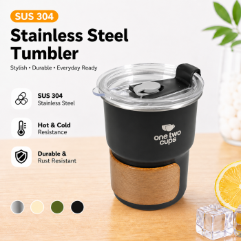 One Two Cups Gelas Tumbler Kopi Cup Lid Wood Cover Stainless 300ml - BC140