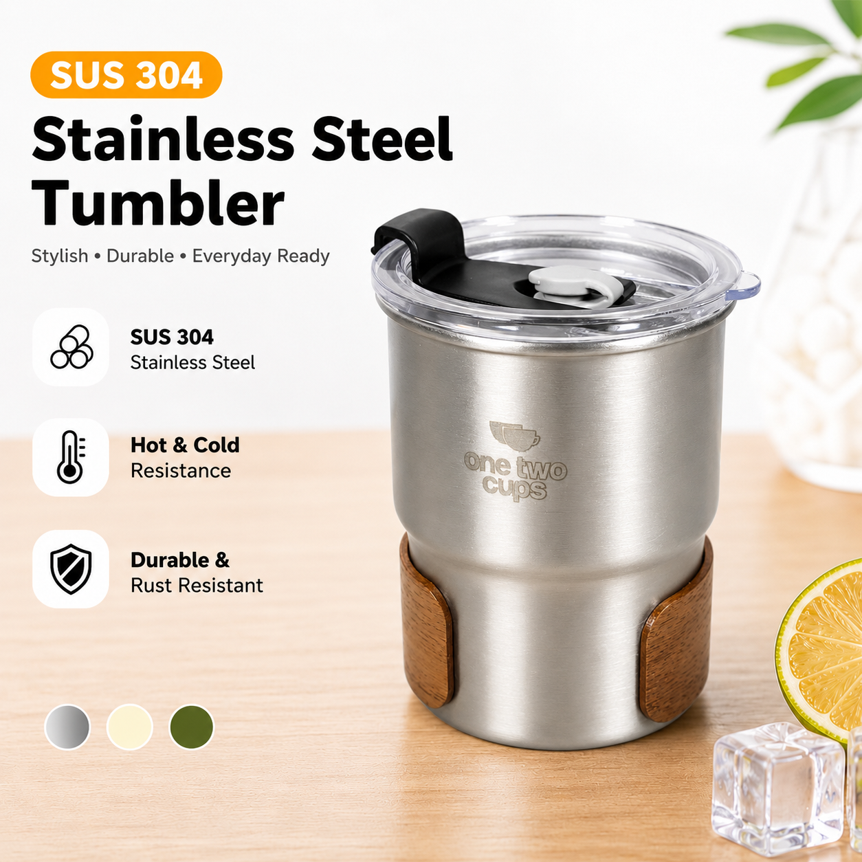 One Two Cups Gelas Tumbler Kopi Cup Lid Wood Cover Stainless 300ml - BC140 Gambar produk One Two Cups Gelas Tumbler Kopi Cup Lid Wood Cover Stainless 300ml - BC140 - Utama
