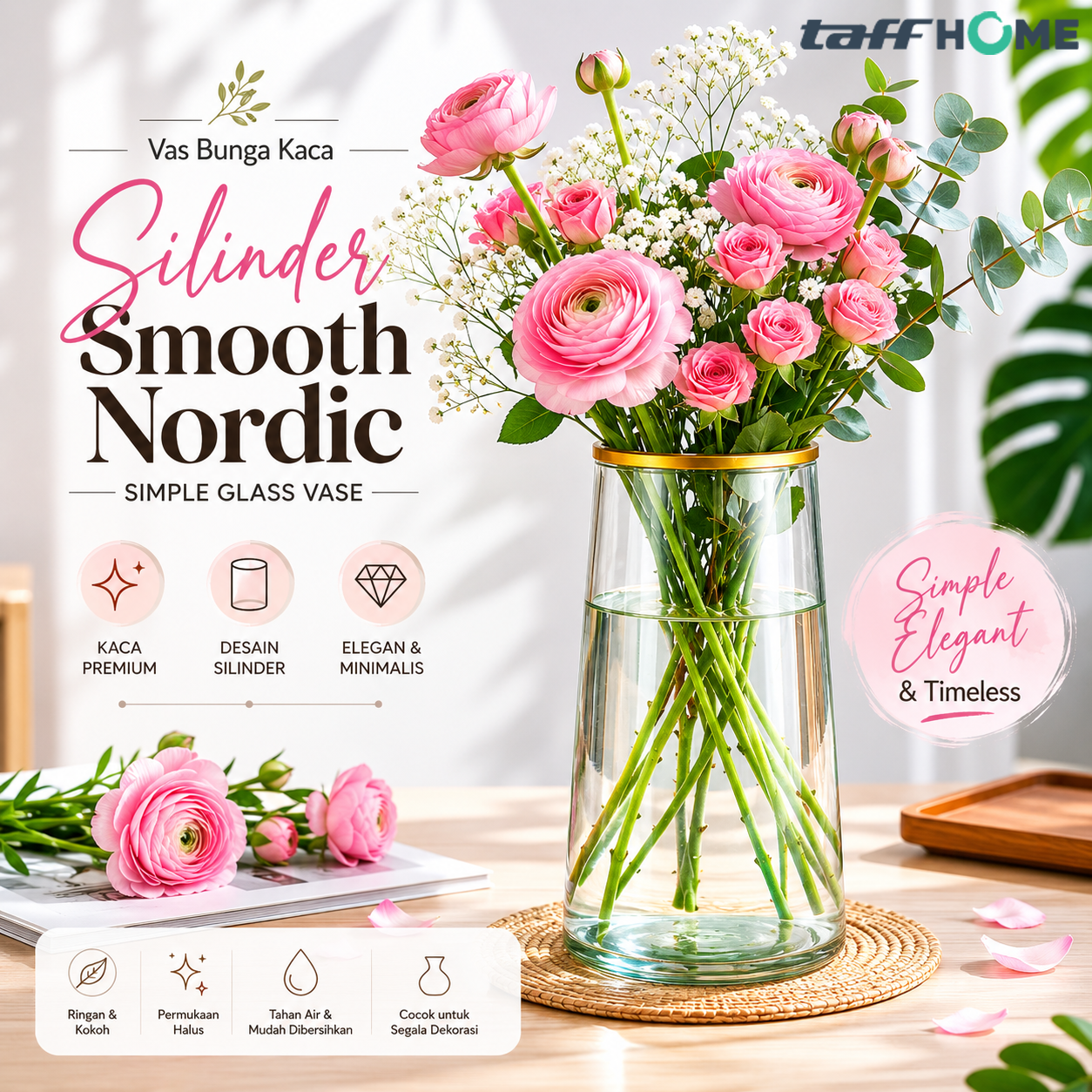TaffHOME Vas Bunga Kaca Silinder Smooth Nordic Simple Glass Vase - QT072 Gambar produk TaffHOME Vas Bunga Kaca Silinder Smooth Nordic Simple Glass Vase - QT072 - Utama