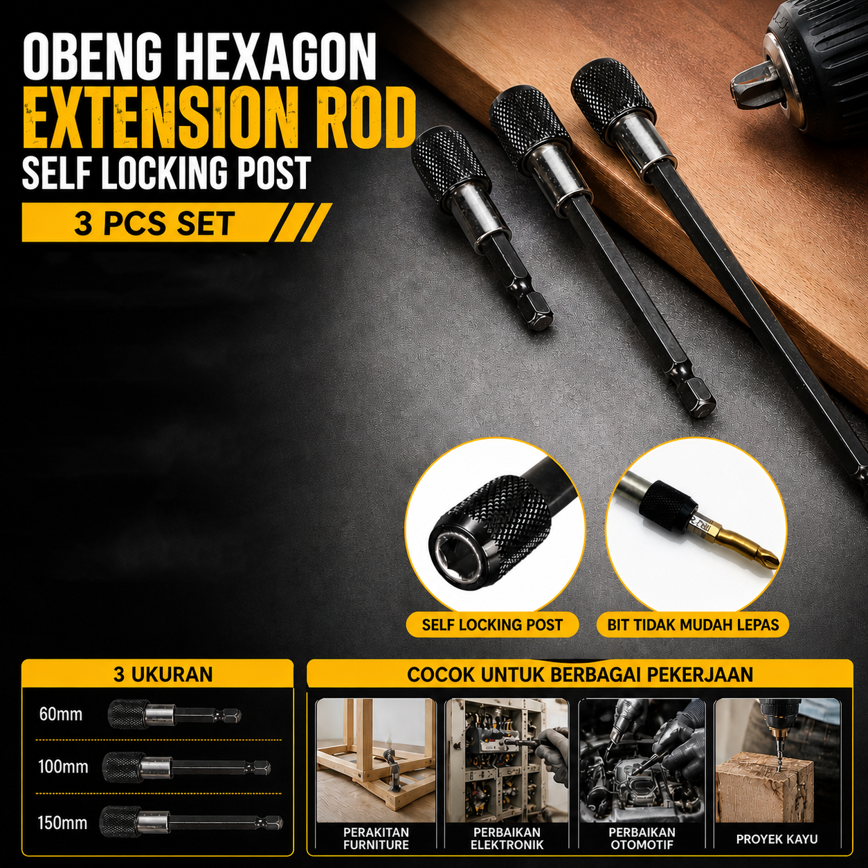 Obeng Hexagon Extension Rod Self Locking Post 3 PCS - HT43401-3P Gambar produk Obeng Hexagon Extension Rod Self Locking Post 3 PCS - HT43401-3P - Utama