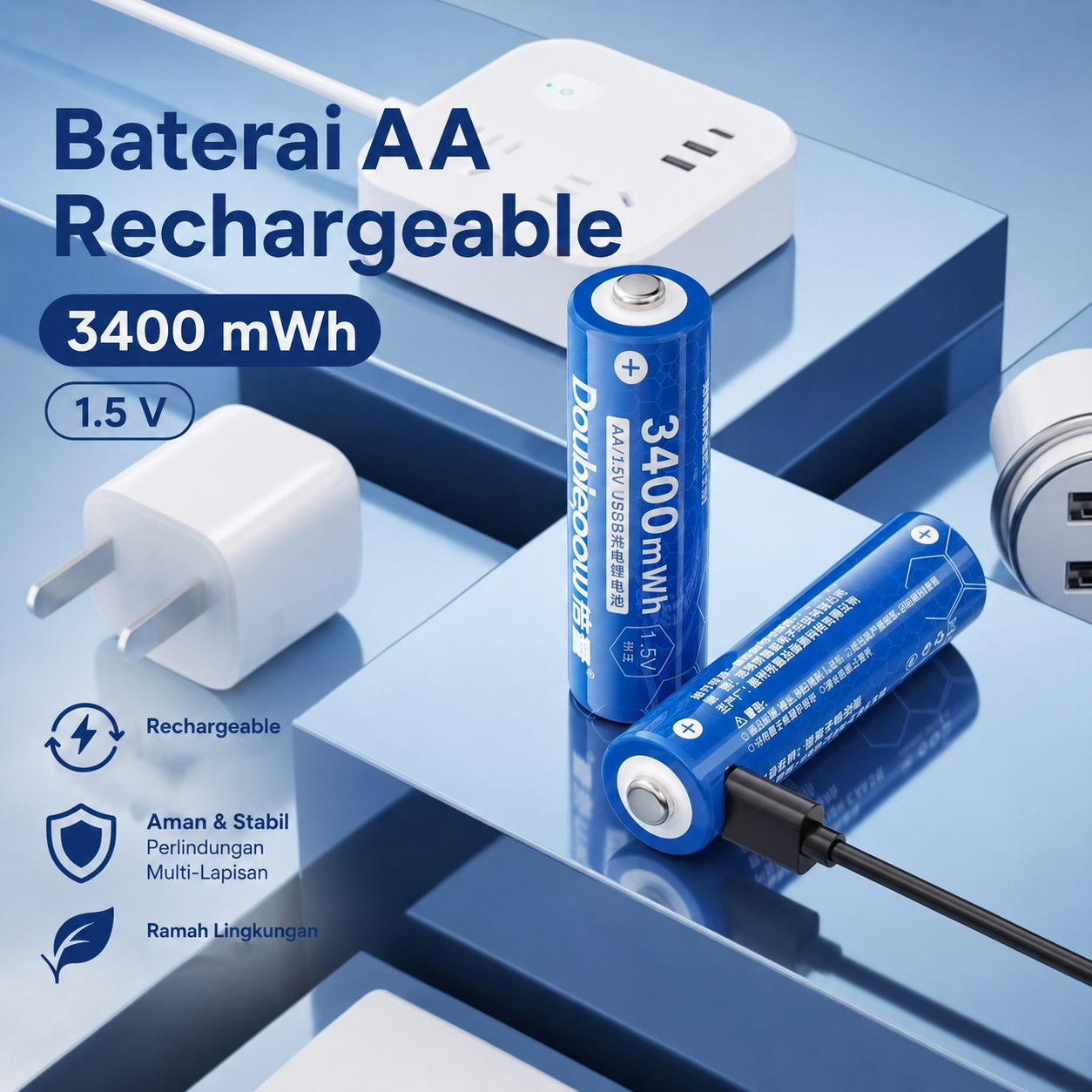 Gambar produk Doublepow Baterai Isi Ulang AA Type C 3400mWh 1.5V 1 PCS - DP-4000 - Utama