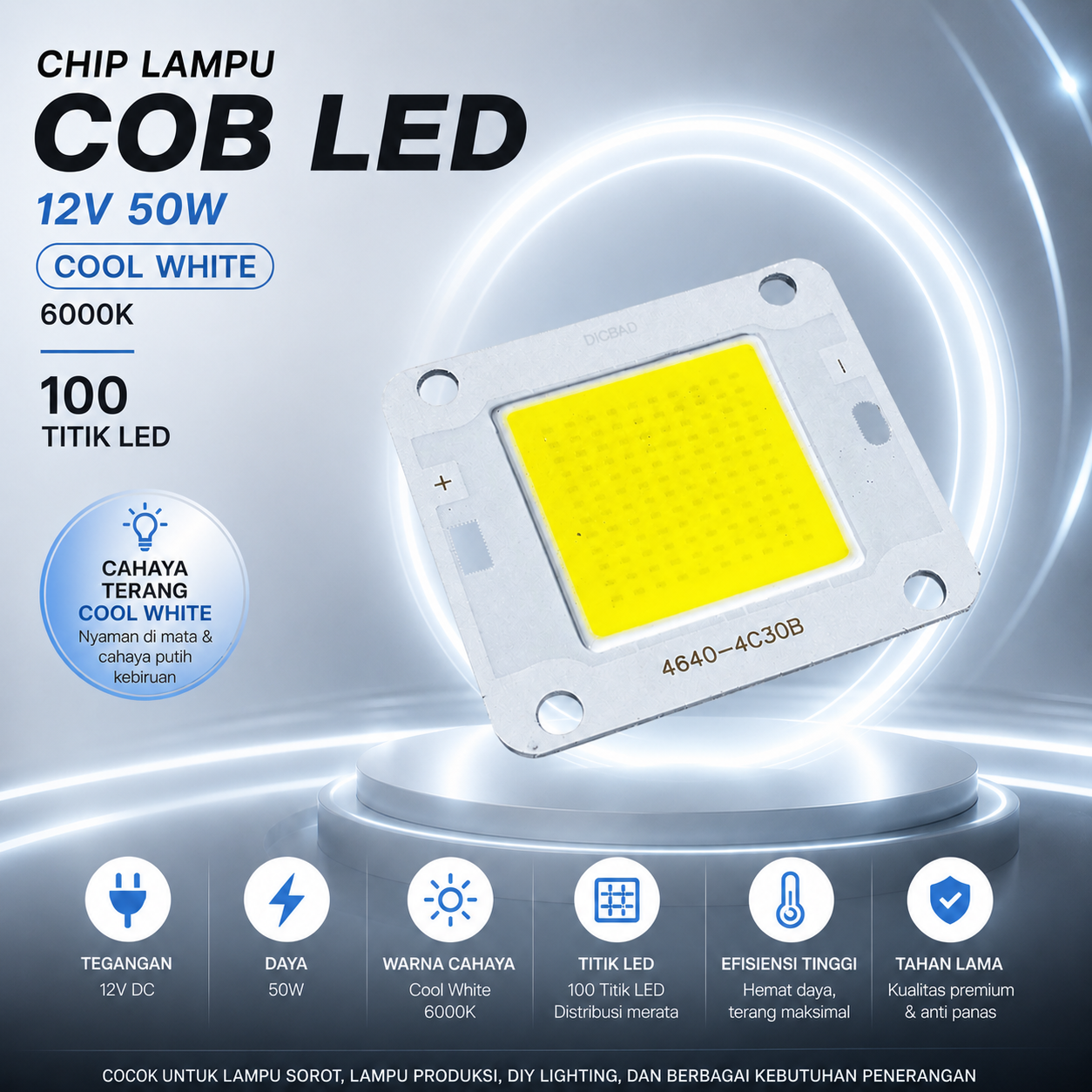 Ovicart Chip LED Lampu COB Floodlight Spotlight 12V 50W Cool White 6000K - 4640-4C30B Gambar produk Ovicart Chip LED Lampu COB Floodlight Spotlight 12V 50W Cool White 6000K - 4640-4C30B - Utama