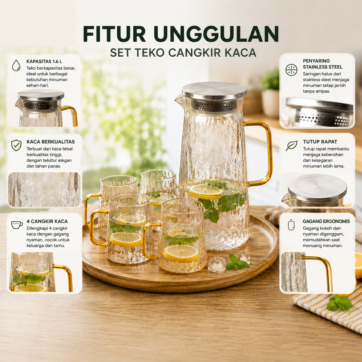 Wloks Set Teko Cangkir Kaca Kopi Teh 1 Pitcher 4 Cups Heat Proof 1.6L - WL16 Gambar produk Wloks Set Teko Cangkir Kaca Kopi Teh 1 Pitcher 4 Cups Heat Proof 1.6L - WL16 - 2