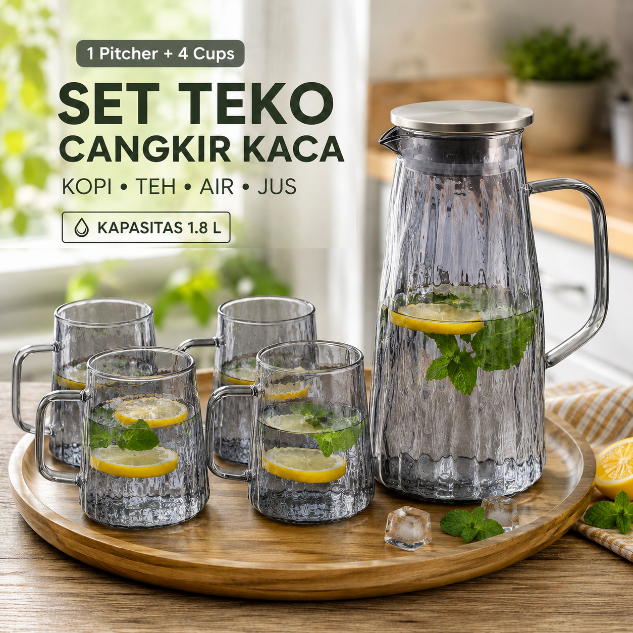 Cloks Set Teko Cangkir Kaca Kopi Teh 1 Pitcher 4 Cups Heat Proof 1.8L - CL18 Gambar produk Cloks Set Teko Cangkir Kaca Kopi Teh 1 Pitcher 4 Cups Heat Proof 1.8L - CL18 - Utama