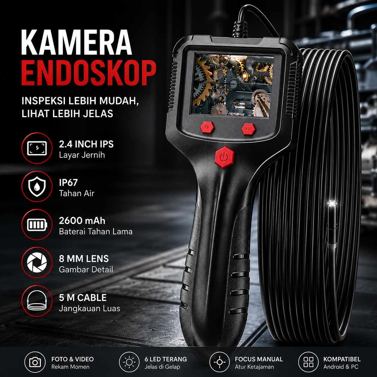 Taffware Kamera Endoskop Industrial Borescope 2.4 Inch IP67 2600mAh 5M - P100 Gambar produk Taffware Kamera Endoskop Industrial Borescope 2.4 Inch IP67 2600mAh 5M - P100 - Utama