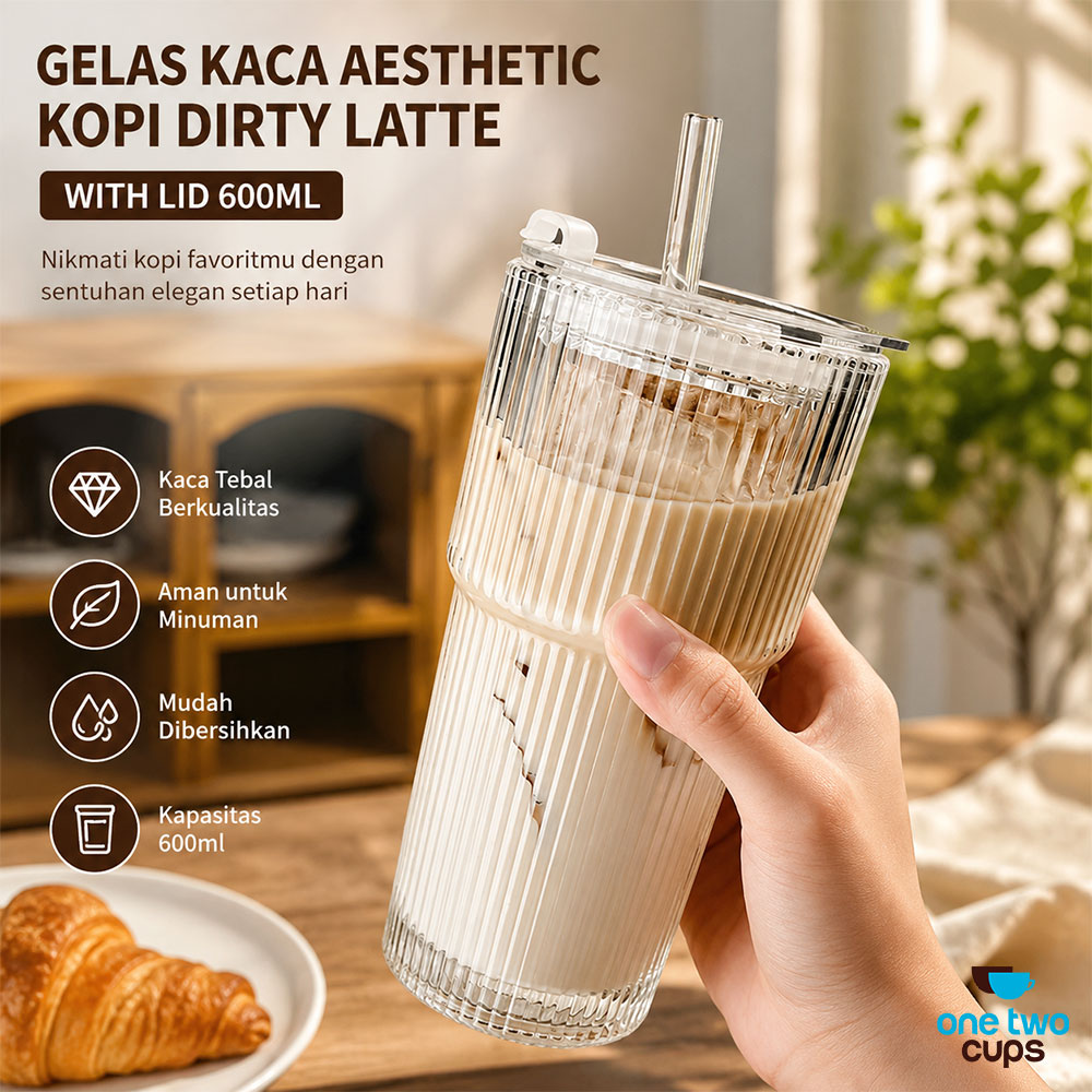 One Two Cups Gelas Kaca Aesthetic Kopi Dirty Latte with Lid 600ml - OP01 Gambar produk One Two Cups Gelas Kaca Aesthetic Kopi Dirty Latte with Lid 600ml - OP01 - Utama