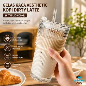 One Two Cups Gelas Kaca Aesthetic Kopi Dirty Latte with Lid 600ml - OP01