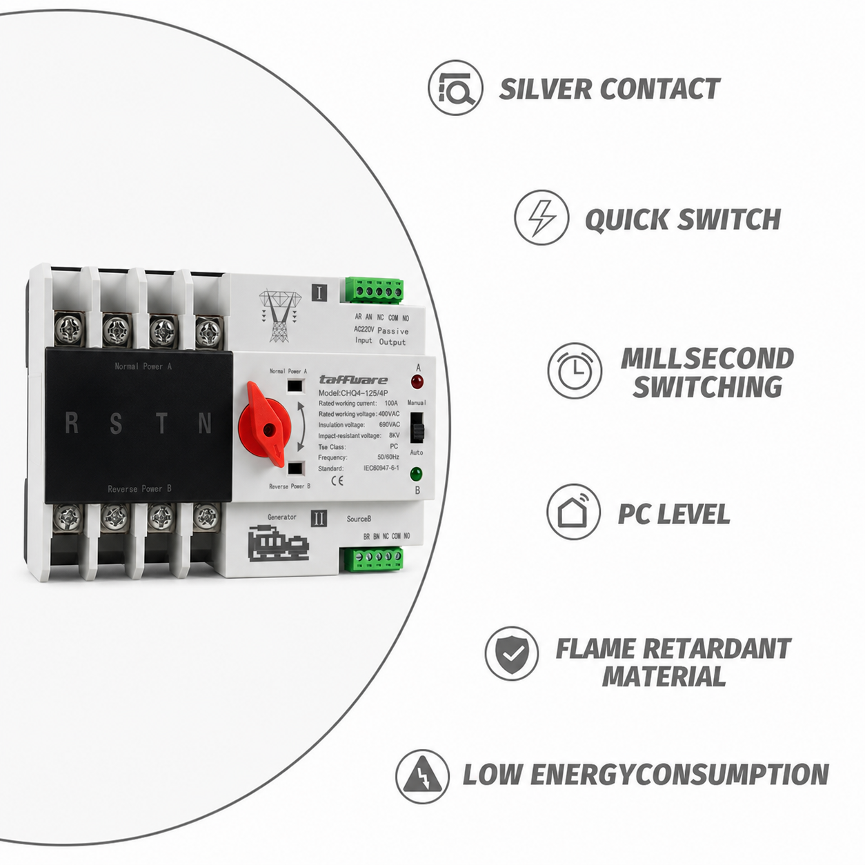 Taffware Din Rail Power Supply Automatic Control Transfer Switch 4P 100A - CHQ4-125/4P Gambar produk Taffware Din Rail Power Supply Automatic Control Transfer Switch 4P 100A - CHQ4-125/4P - 5