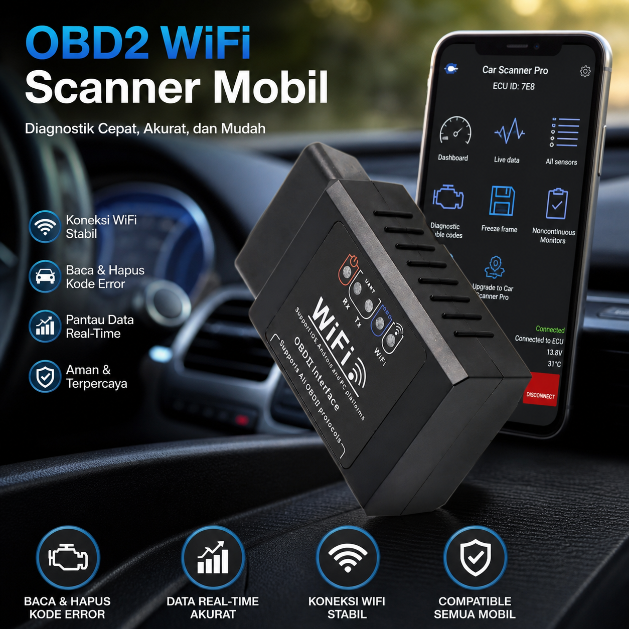 ATDIA Alat Scanner Diagnostik Mobil OBD2 Otomotif WiFi Car Code Reader - ELM327 Gambar produk ATDIA Alat Scanner Diagnostik Mobil OBD2 Otomotif WiFi Car Code Reader - ELM327 - Utama