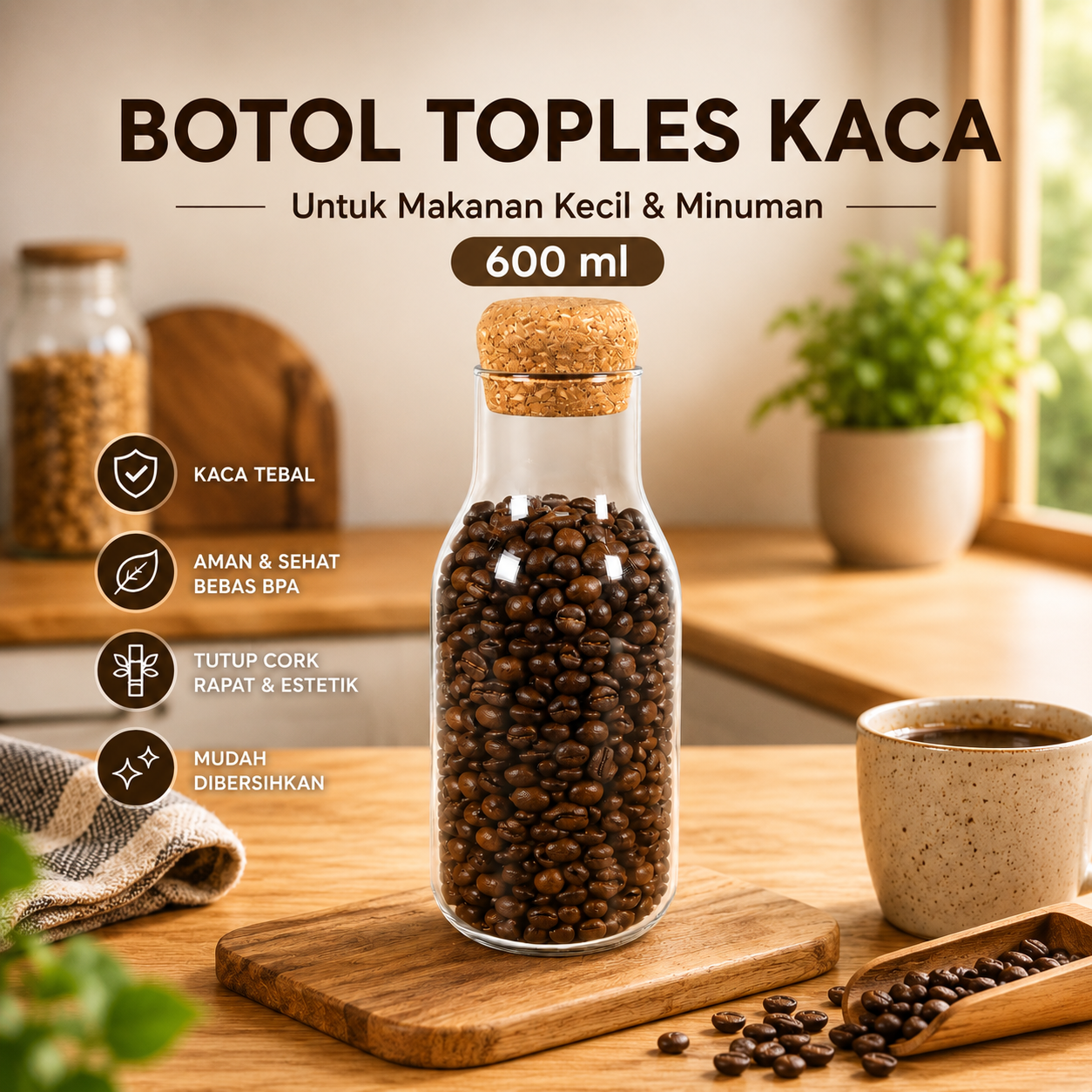 Gambar produk HUFFA Botol Toples Kaca Cork Seal Storage Jar Teh Kopi Multifungsi 600ml - YS-8080 - Utama