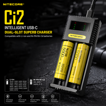 NITECORE Charger Baterai 2 Slot AA 16650 Ni-MH Li-Ion Fast Charging - Ci2