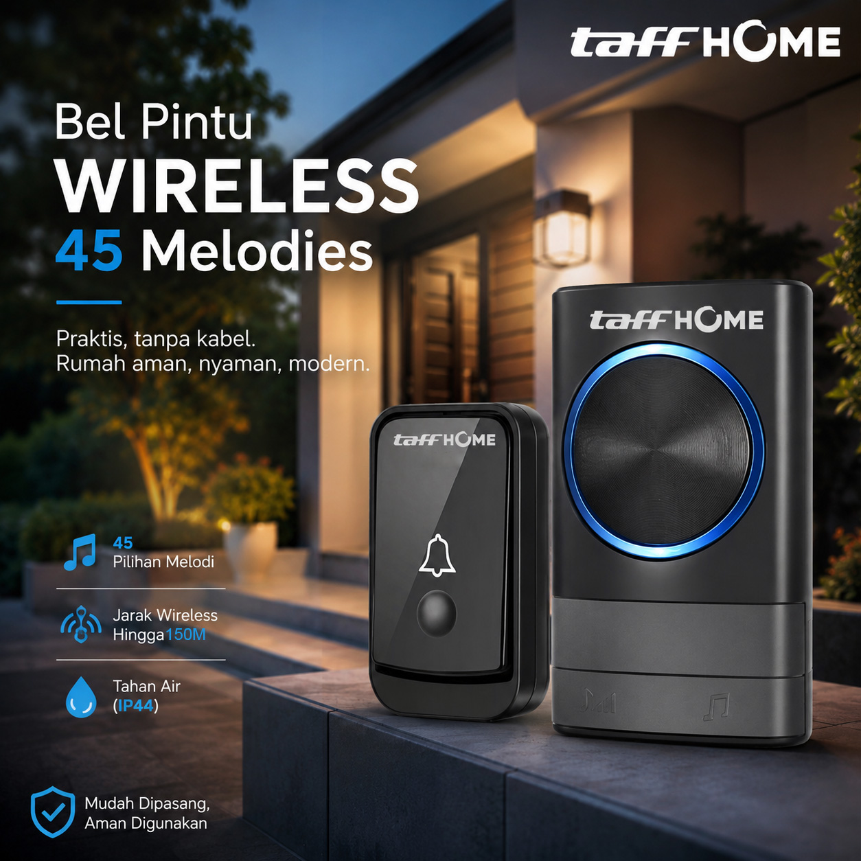 TaffHOME Bel Pintu Wireless Door Bell Waterproof EU Plug 45 Melodies - Q189 Gambar produk TaffHOME Bel Pintu Wireless Door Bell Waterproof EU Plug 45 Melodies - Q189 - Utama