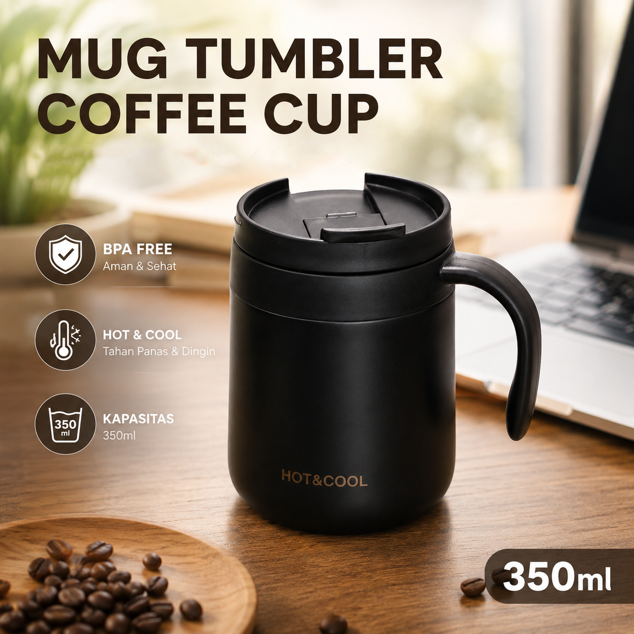 HOT&COOL Mug Tumbler Coffee Cup BPA Free Stainless Steel 350ml - HC300 Gambar produk HOT&COOL Mug Tumbler Coffee Cup BPA Free Stainless Steel 350ml - HC300 - Utama