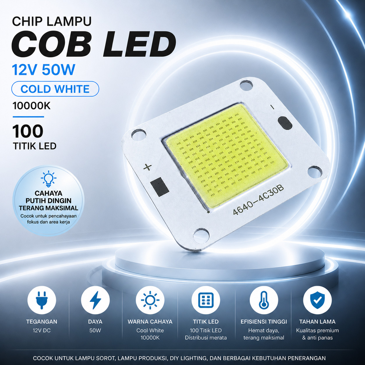 Ovicart Chip LED Lampu COB Floodlight Spotlight 12V 50W Cold White 10000K - 4640-4C30B Gambar produk Ovicart Chip LED Lampu COB Floodlight Spotlight 12V 50W Cold White 10000K - 4640-4C30B - Utama