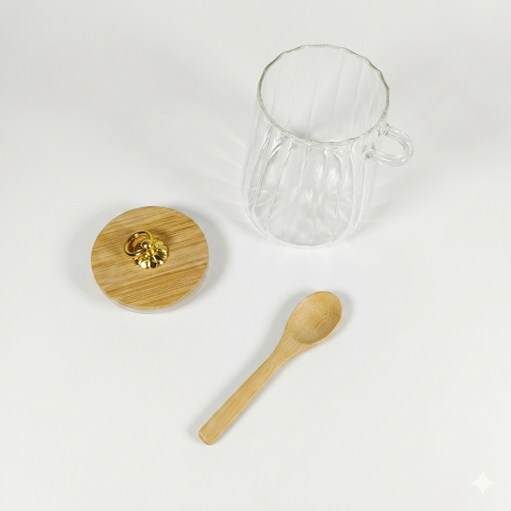 Gambar produk ECHOU Toples Kaca Borosilikat Vintage Wooden with Spoon Storage Jar 650ml - ECH-145 - 7