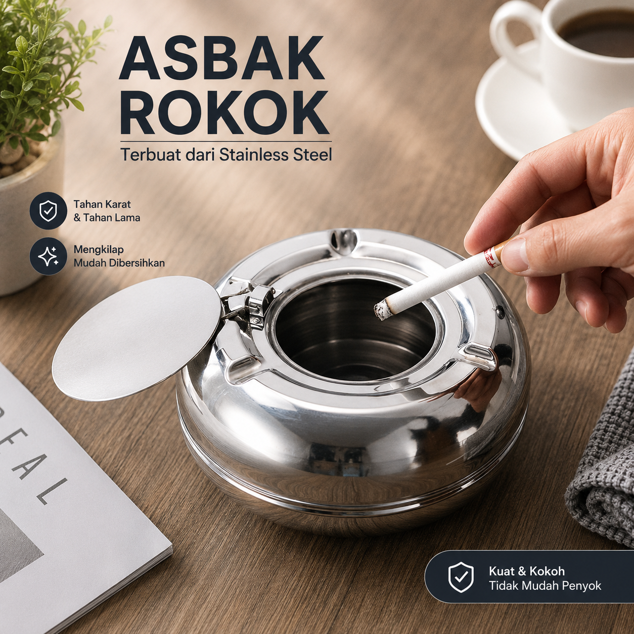 GANG BA Asbak Rokok Cigarette Ashtray Stainless Steel with Lid - JL20 Gambar produk GANG BA Asbak Rokok Cigarette Ashtray Stainless Steel with Lid - JL20 - Utama