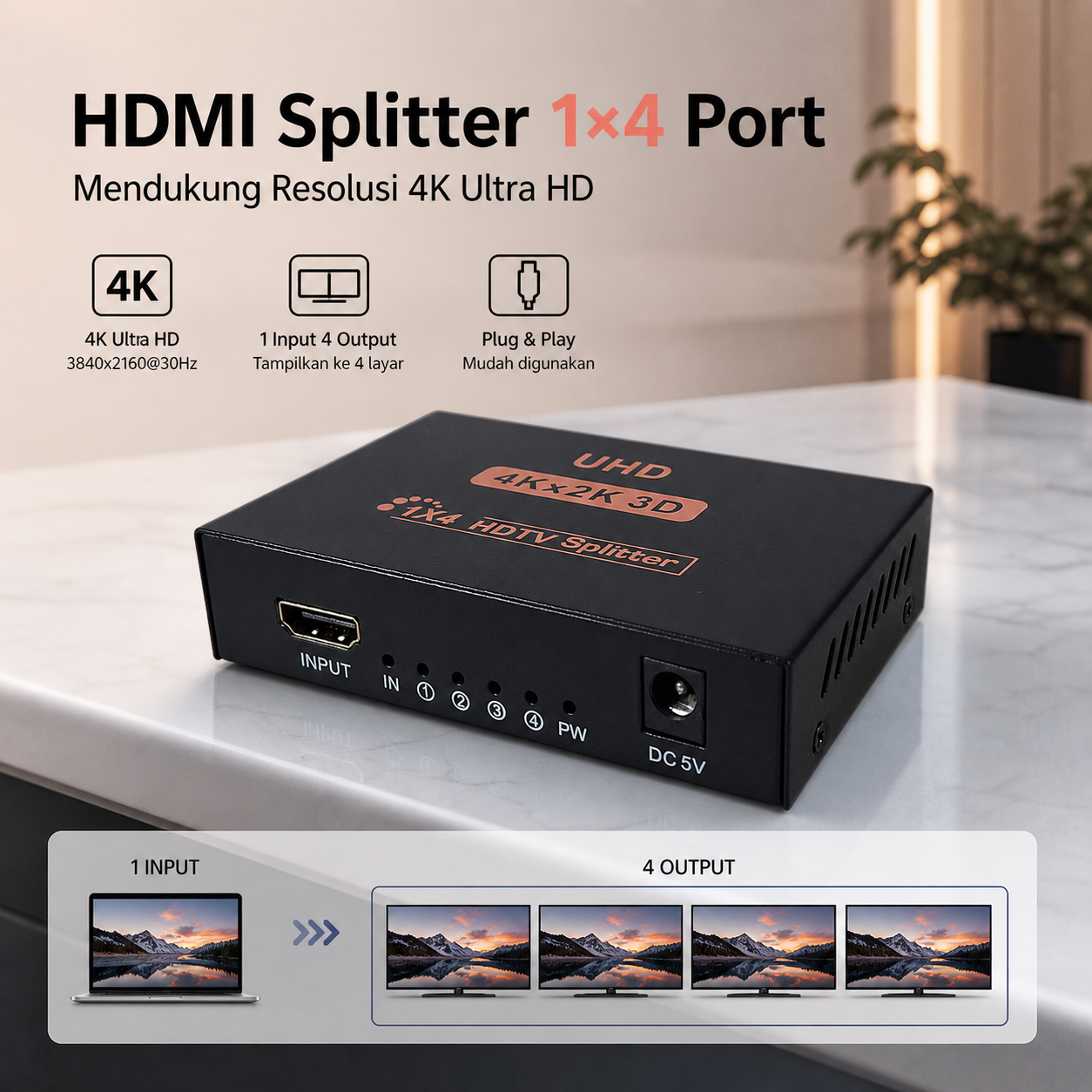 AIXXCO Adaptor HDMI Splitter 1x4 Port Resolusi 4K - PC-48 Gambar produk AIXXCO Adaptor HDMI Splitter 1x4 Port Resolusi 4K - PC-48 - Utama