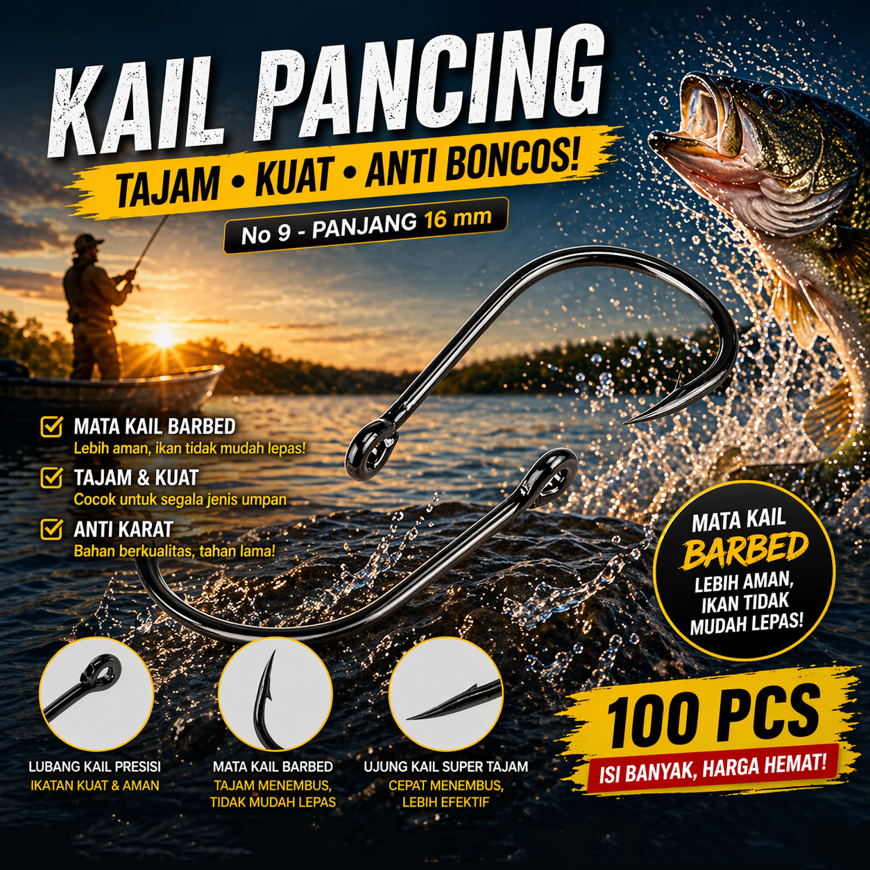 TaffSPORT Kail Pancing Ikan Barbed Fishing Hook Carbon Steel 100 PCS No 9 - IS300 Gambar produk TaffSPORT Kail Pancing Ikan Barbed Fishing Hook Carbon Steel 100 PCS No 9 - IS300 - Utama