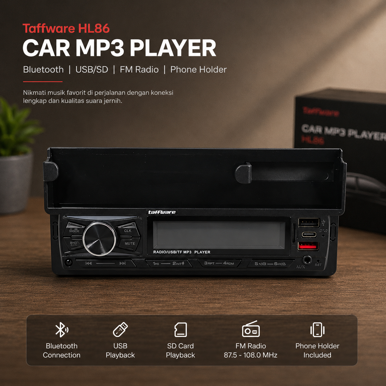 Taffware Tape Mobil Audio MP3 Player Bluetooth USB ISO Phone Holder - HL86 Gambar produk Taffware Tape Mobil Audio MP3 Player Bluetooth USB ISO Phone Holder - HL86 - 1