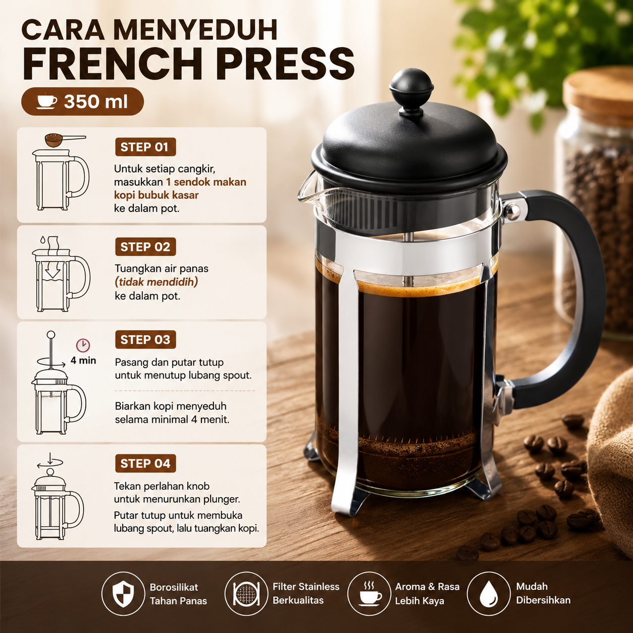 VIGOR French Press Coffee Maker Pot Plunger Borosilicate Glass 350ml - FS35 Gambar produk VIGOR French Press Coffee Maker Pot Plunger Borosilicate Glass 350ml - FS35 - 2