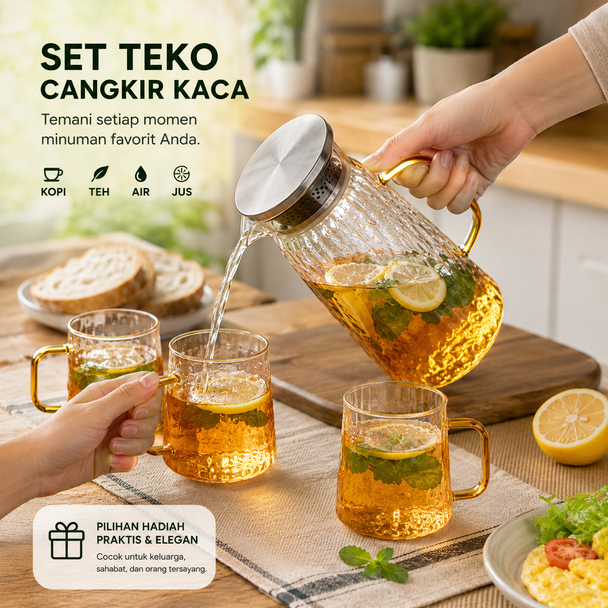 Wloks Set Teko Cangkir Kaca Kopi Teh 1 Pitcher 4 Cups Heat Proof 1.6L - WL16 Gambar produk Wloks Set Teko Cangkir Kaca Kopi Teh 1 Pitcher 4 Cups Heat Proof 1.6L - WL16 - 3