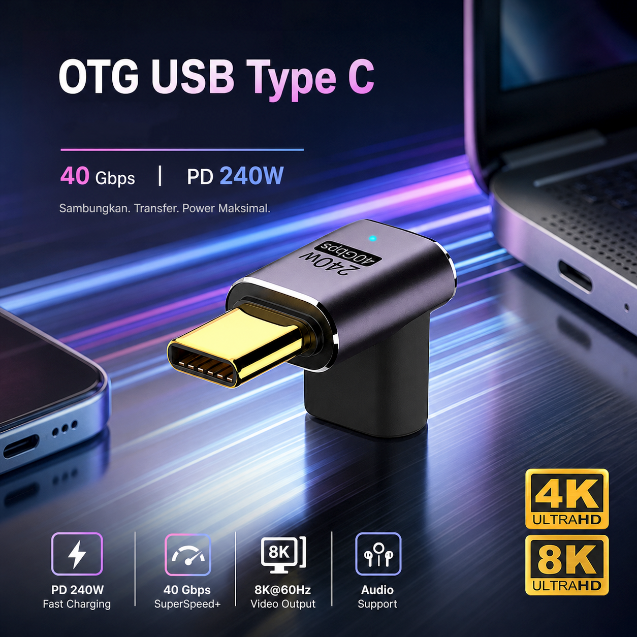 Kamyurs OTG USB Type C 4.0 90 Degree 40 Gbps PD 240W Adapter Converter - KY240 Gambar produk Kamyurs OTG USB Type C 4.0 90 Degree 40 Gbps PD 240W Adapter Converter - KY240 - Utama
