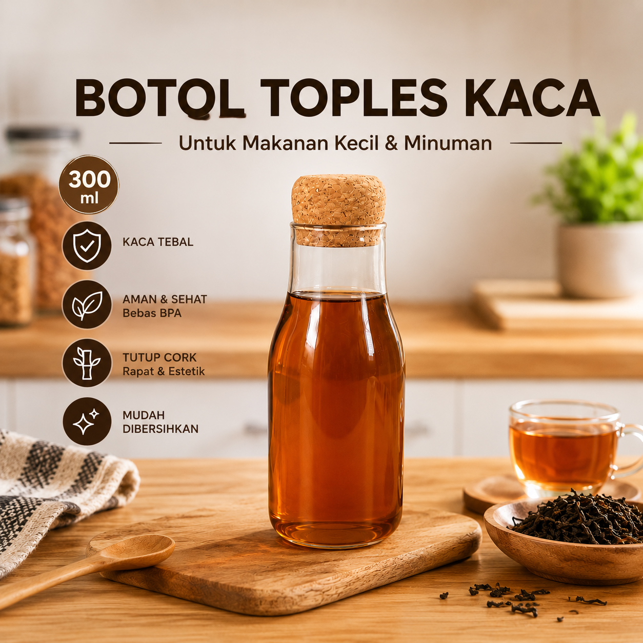 HUFFA Botol Toples Kaca Cork Seal Storage Jar Teh Kopi Multifungsi 300ml - YS-8080 Gambar produk HUFFA Botol Toples Kaca Cork Seal Storage Jar Teh Kopi Multifungsi 300ml - YS-8080 - Utama