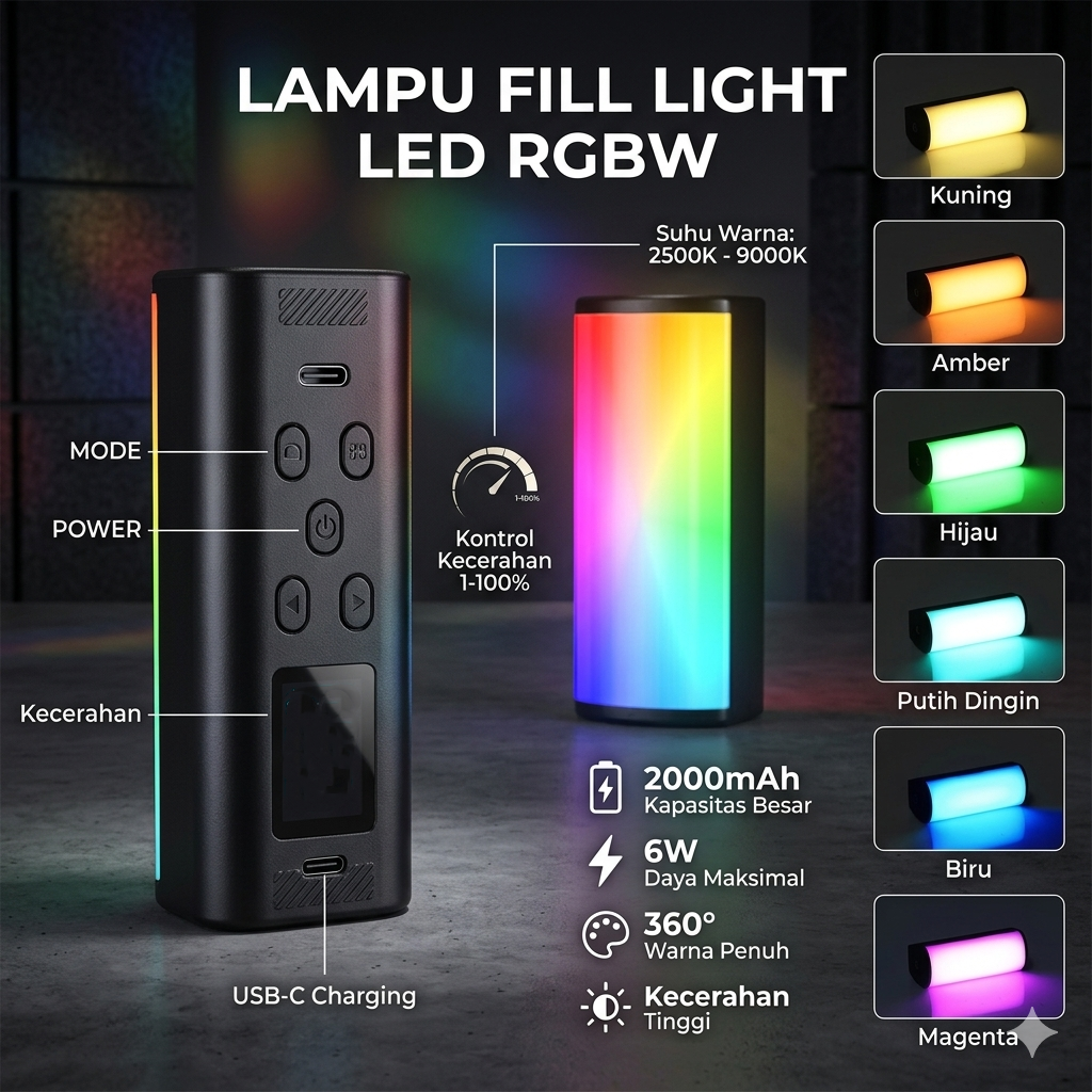 Lampu Fill Light LED Magnetic RGBW 2500-9000K 2000mAh 6W - TL96 Gambar produk Lampu Fill Light LED Magnetic RGBW 2500-9000K 2000mAh 6W - TL96 - Utama
