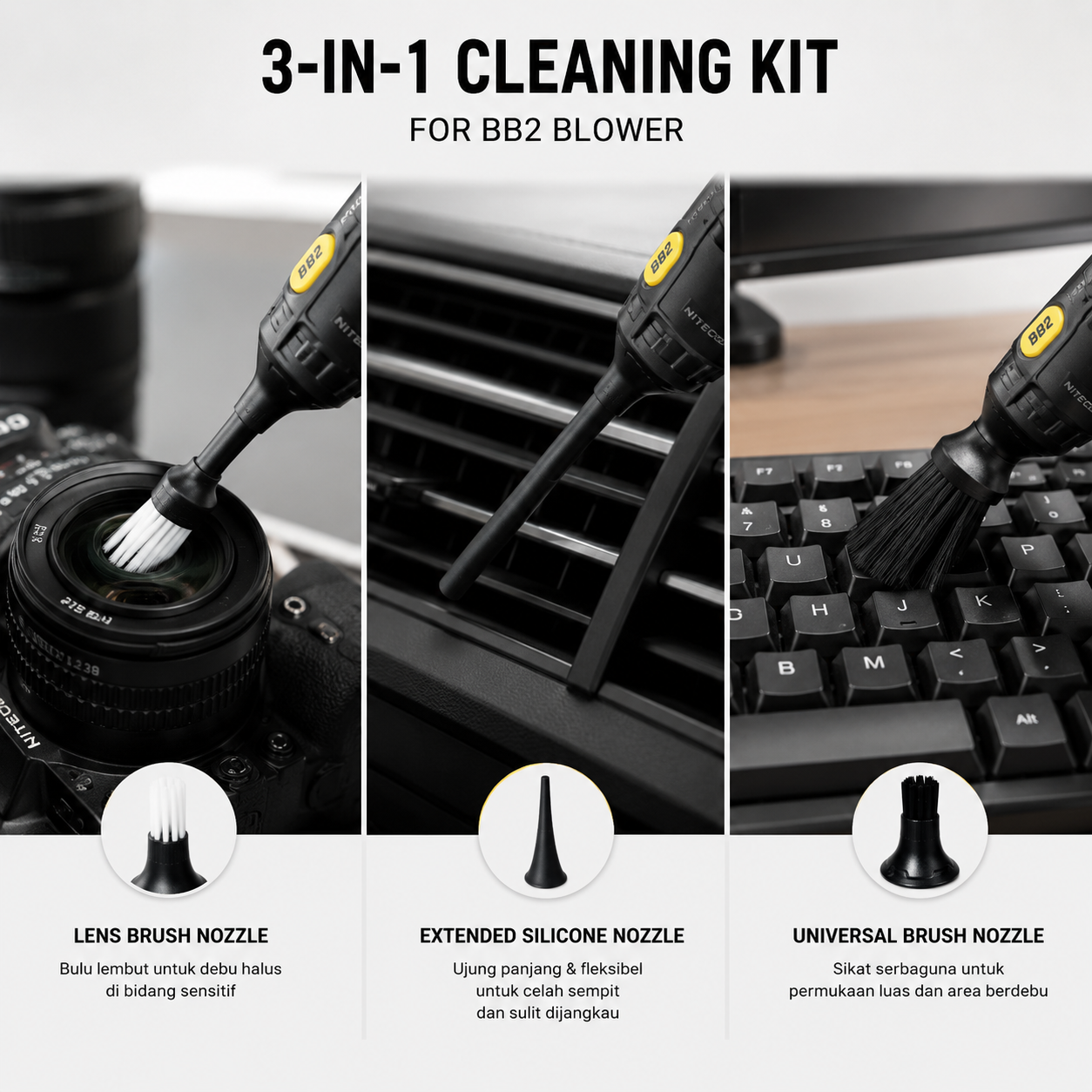 Gambar produk NITECORE Extension Vacuum Kit Brush Nozzle 3in1 for BB Nano Blower - NIA008 - 4