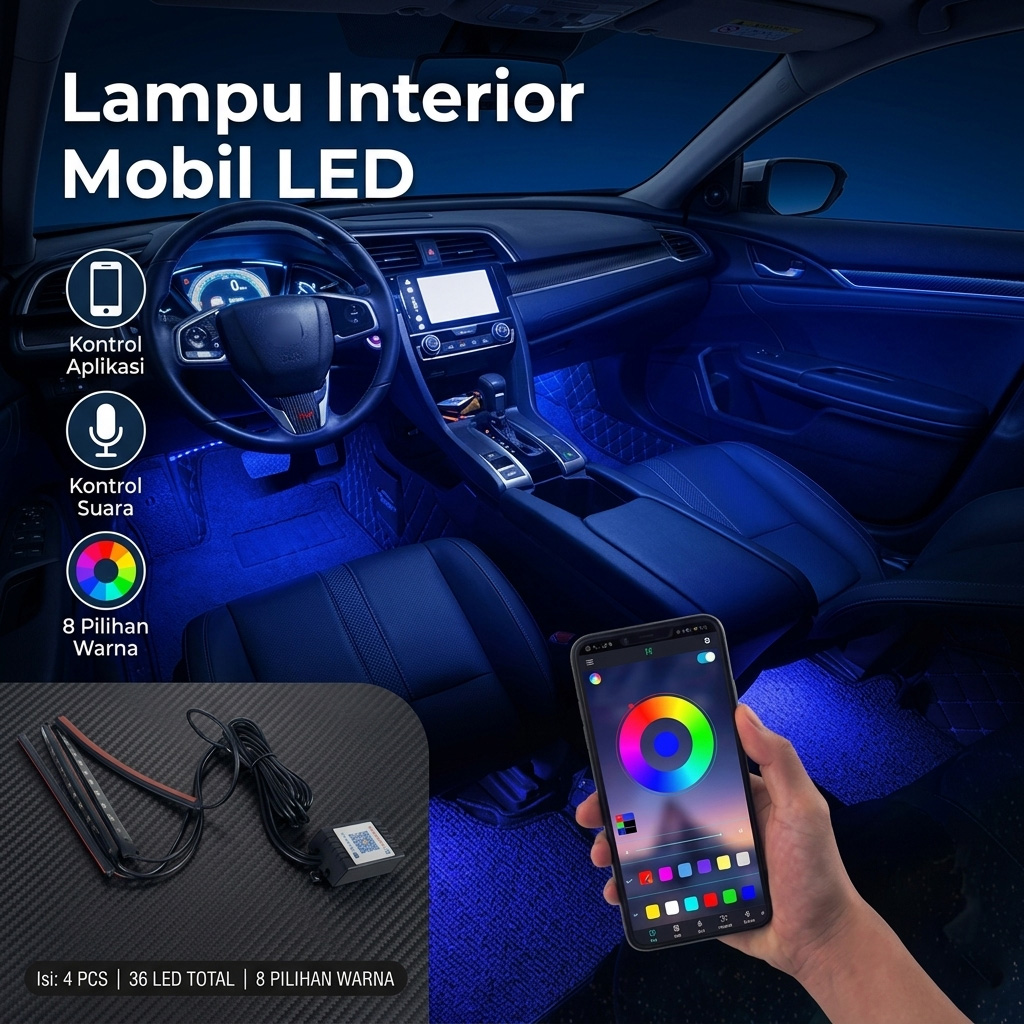 Gambar produk JIAMEN Lampu LED Strip DIY Car Light Smart App USB 8 Color 4 PCS 36 LED - J72 - Utama