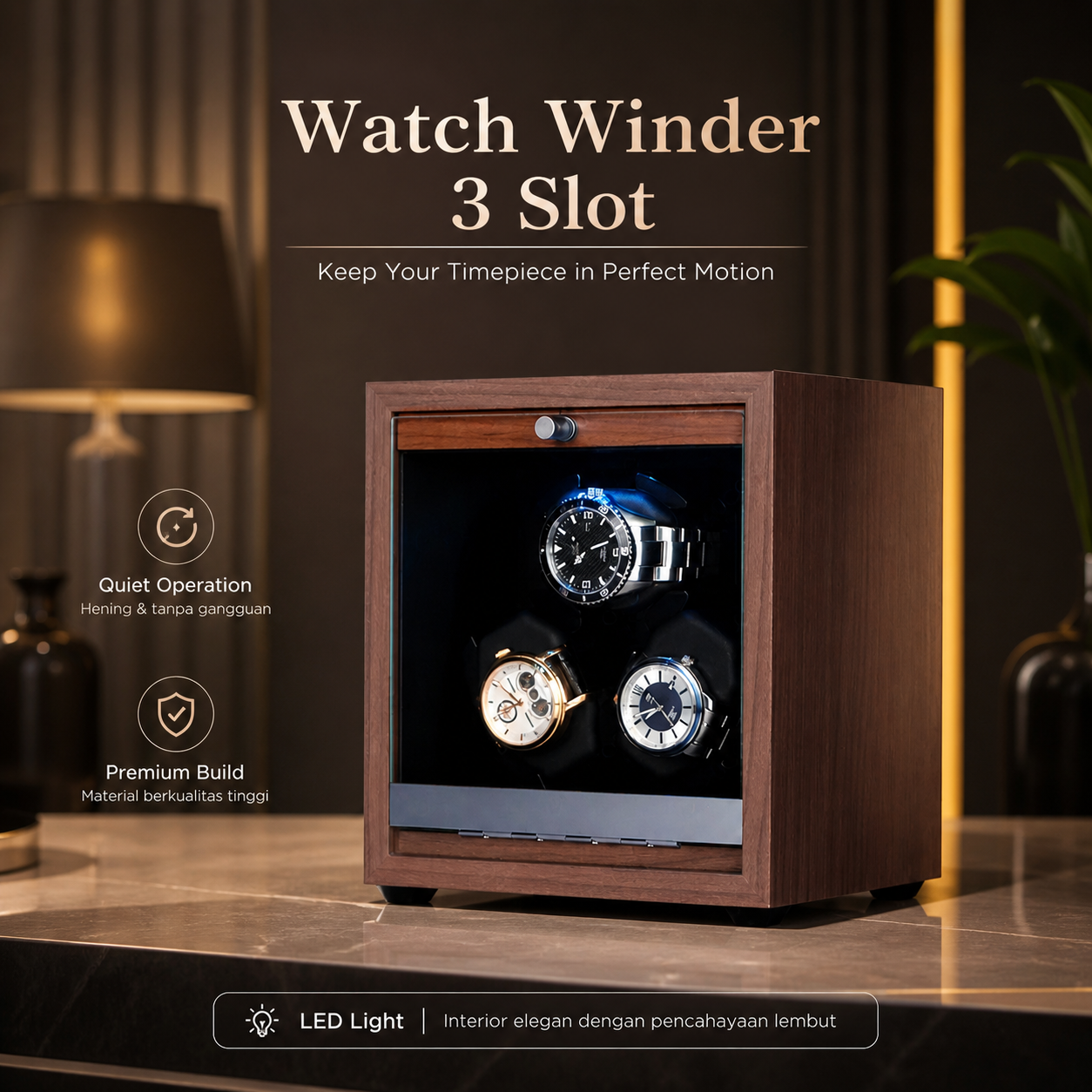FRUCASE Watch Winder Wood LED Pemutar Jam Tangan Otomatis 3 Slot - SKW167 Gambar produk FRUCASE Watch Winder Wood LED Pemutar Jam Tangan Otomatis 3 Slot - SKW167 - Utama