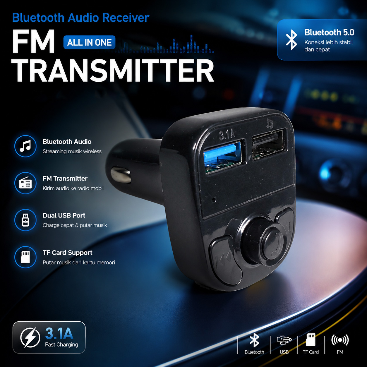 JINSERTA Bluetooth Audio Receiver FM Transmitter USB Charger - X8 Gambar produk JINSERTA Bluetooth Audio Receiver FM Transmitter USB Charger - X8 - Utama