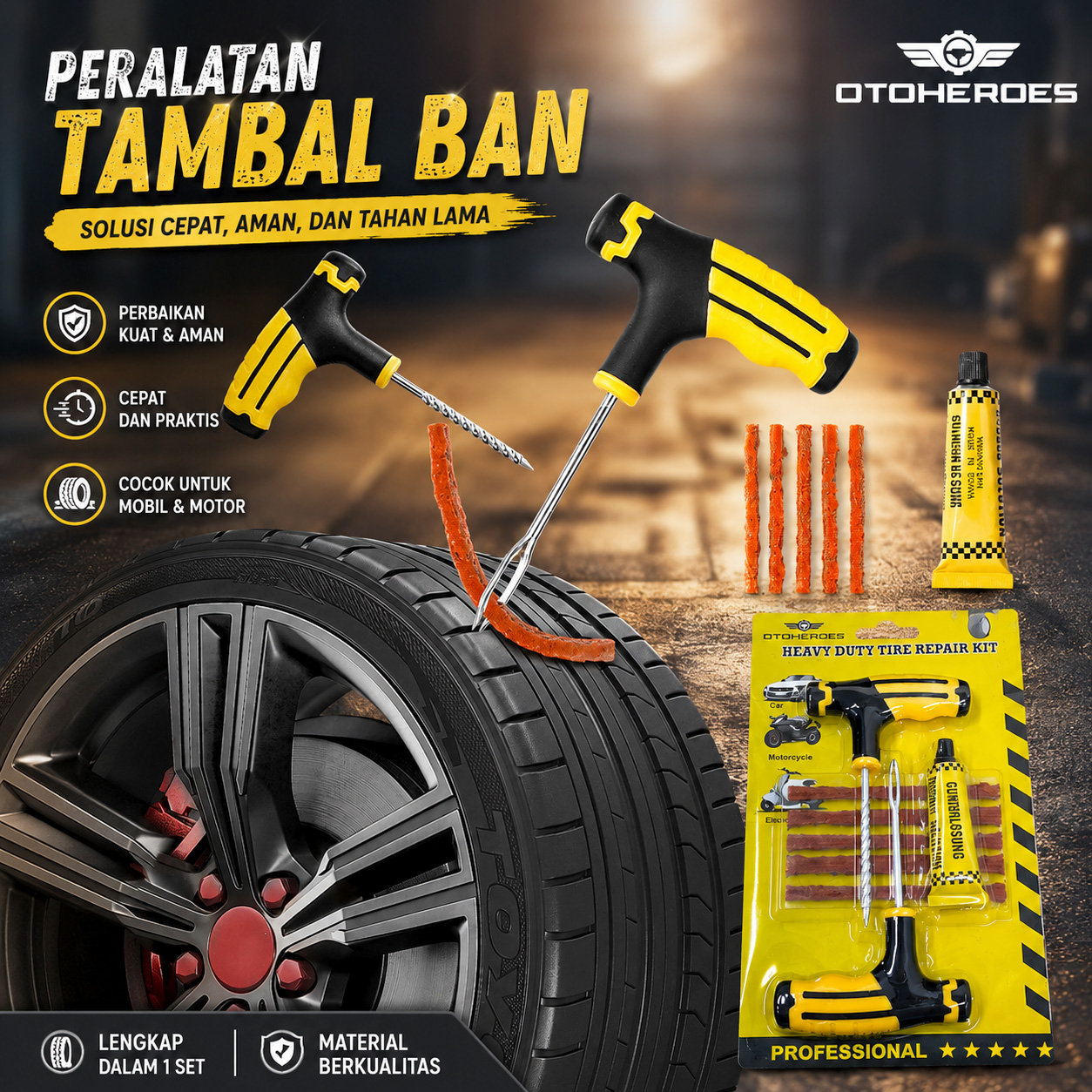 OTOHEROES Peralatan Tambal Ban Mobil Sepeda Motor Tubeless Tire Repair - CZK-8008 Gambar produk OTOHEROES Peralatan Tambal Ban Mobil Sepeda Motor Tubeless Tire Repair - CZK-8008 - Utama