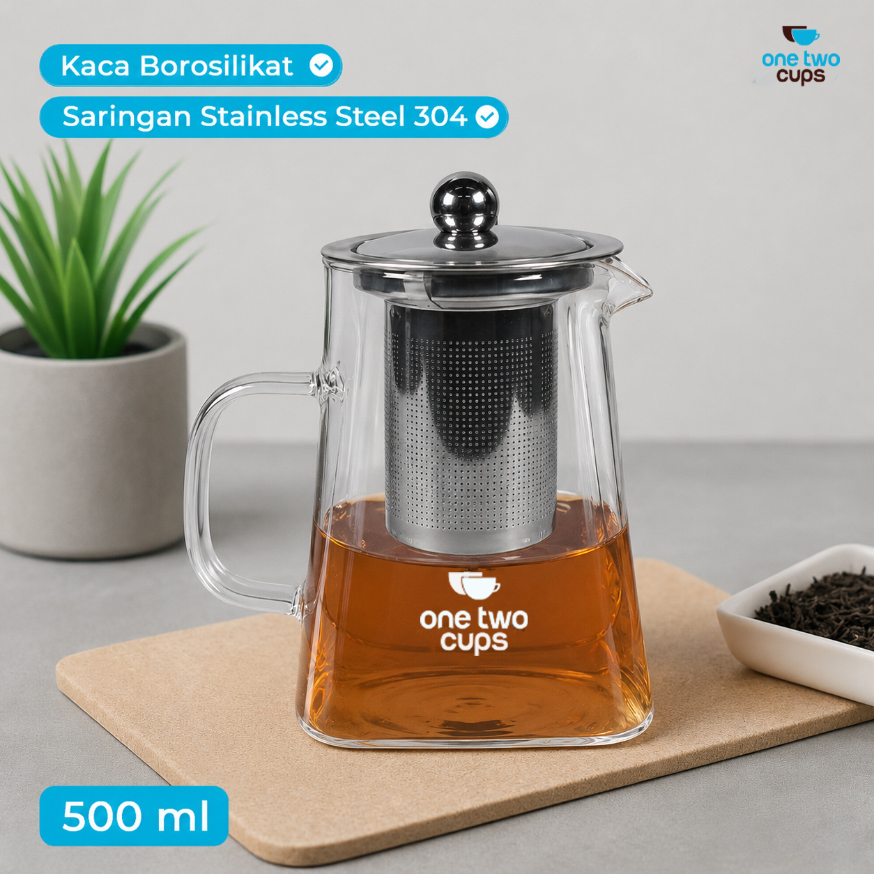 One Two Cups Teko Teh Kaca Borosilikat Saringan Tahan Panas Teapot 500ml - TP-761 Gambar produk One Two Cups Teko Teh Kaca Borosilikat Saringan Tahan Panas Teapot 500ml - TP-761 - Utama