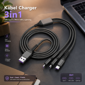 TKEY Kabel Charger Data 3in1 USB Type C Micro Lightning 66W 1.2M - T66