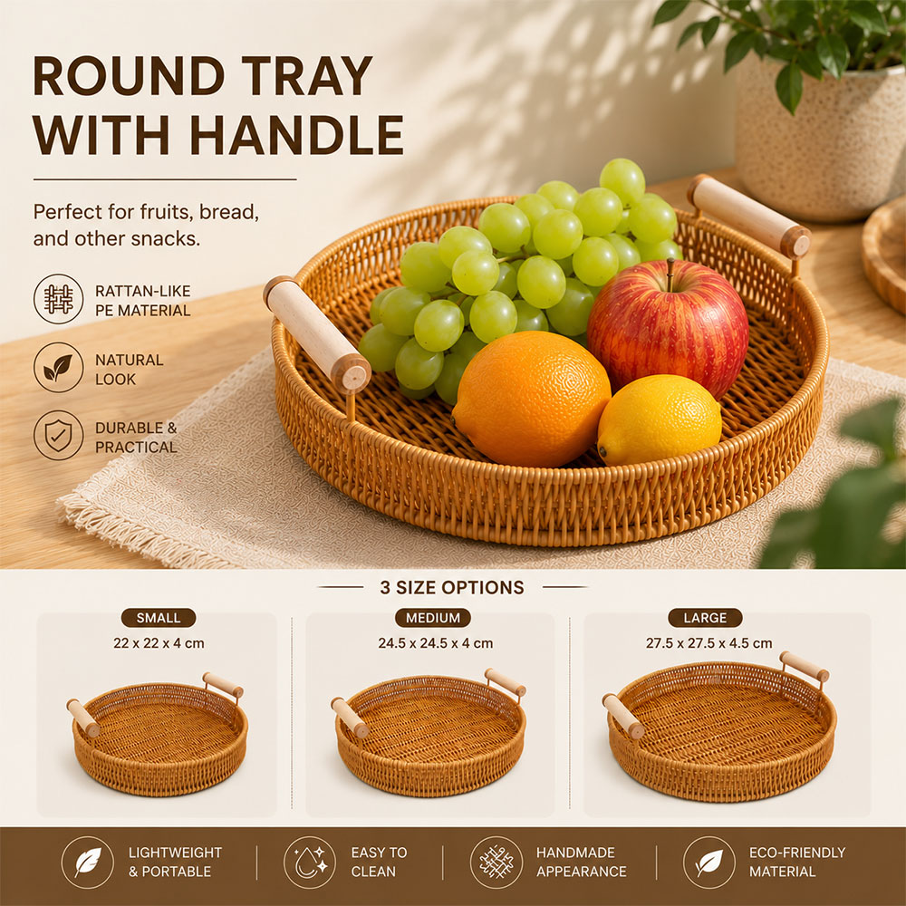 Slyz Tatakan Nampan Round Fruit Tray Rattan-like Basket with Handle 24.5x24.5x4cm - Slyz21 Gambar produk Slyz Tatakan Nampan Round Fruit Tray Rattan-like Basket with Handle 24.5x24.5x4cm - Slyz21 - Utama