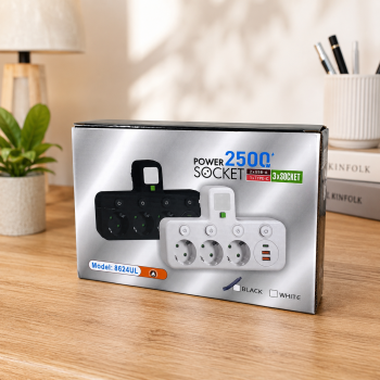 Gambar produk Taffware Stop Kontak LED Light USB Type C EU Plug 10A 250V 2500W 3 Soket - EU-8624UL / EU-8625UL - Kemasan