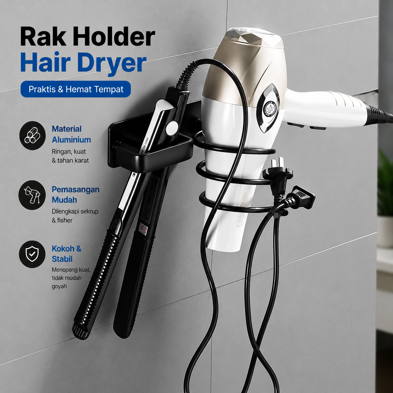 iTimo Rak Holder Hair Dryer Catokan Aluminium 2in1 Storage Rack - 24112 Gambar produk iTimo Rak Holder Hair Dryer Catokan Aluminium 2in1 Storage Rack - 24112 - Utama