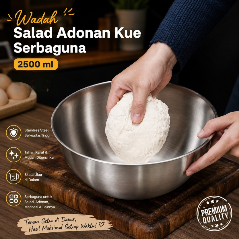Eggy Wadah Salad Adonan Kue Serbaguna Mixing Bowl Stainless Steel 201 2500ml - INU69 Gambar produk Eggy Wadah Salad Adonan Kue Serbaguna Mixing Bowl Stainless Steel 201 2500ml - INU69 - Utama