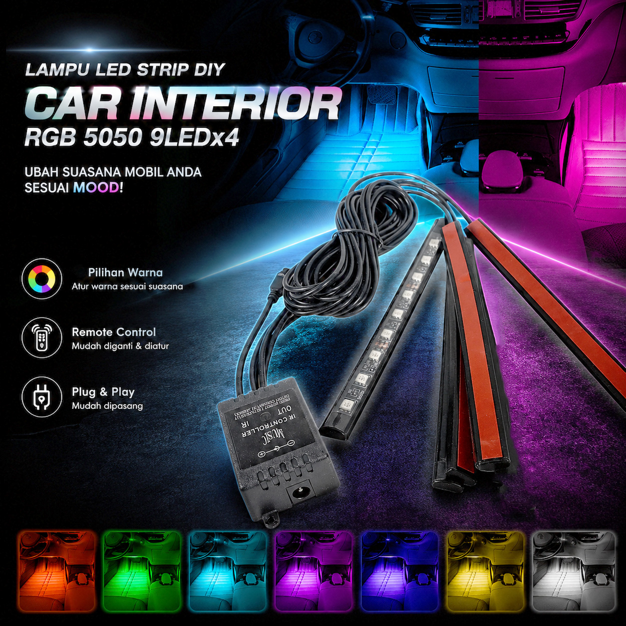 SAARMAT Lampu LED Strip DIY Car Interior 5050 RGB dan Remot Kontrol - APWD1 Gambar produk SAARMAT Lampu LED Strip DIY Car Interior 5050 RGB dan Remot Kontrol - APWD1 - Utama