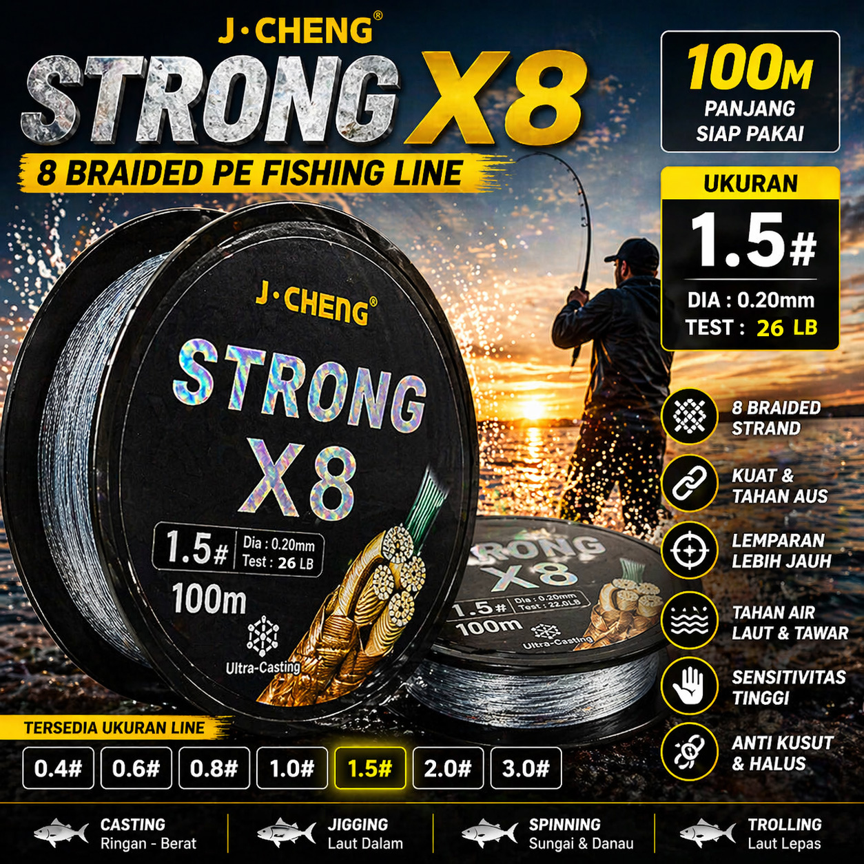 J-Cheng Senar Pancing PE 8 Braided Strand Fishing Line 100M 1.5 - JC4188 Gambar produk J-Cheng Senar Pancing PE 8 Braided Strand Fishing Line 100M 1.5 - JC4188 - Utama