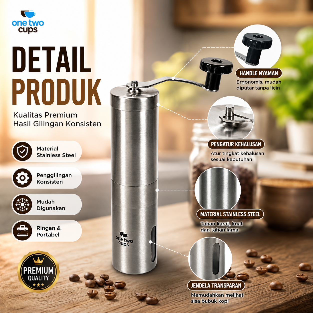 One Two Cups Penggiling Kopi Manual Coffee Grinder Adjustable - E810 Gambar produk One Two Cups Penggiling Kopi Manual Coffee Grinder Adjustable - E810 - 1