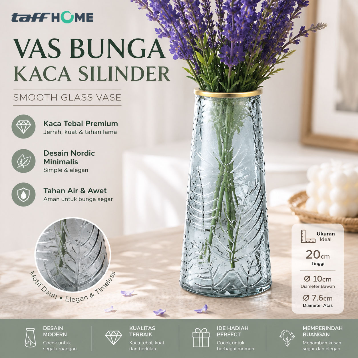 TaffHOME Vas Bunga Dekorasi Interior Kaca Motif Tulang Daun - YF963 Gambar produk TaffHOME Vas Bunga Dekorasi Interior Kaca Motif Tulang Daun - YF963 - Utama