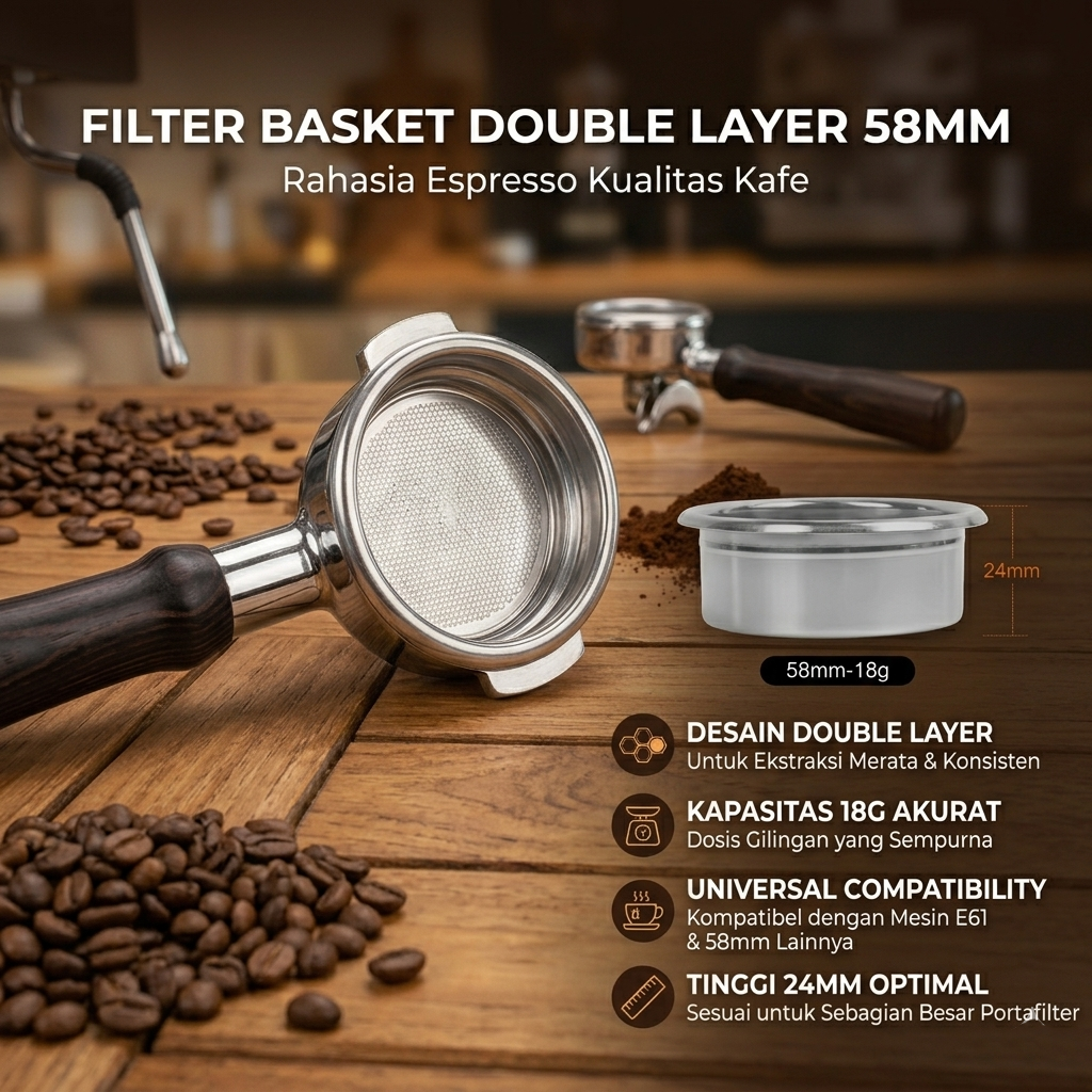KissHome Espresso Coffee Filter Basket Portafilter Double Layer 58mm - KH304 Gambar produk KissHome Espresso Coffee Filter Basket Portafilter Double Layer 58mm - KH304 - Utama
