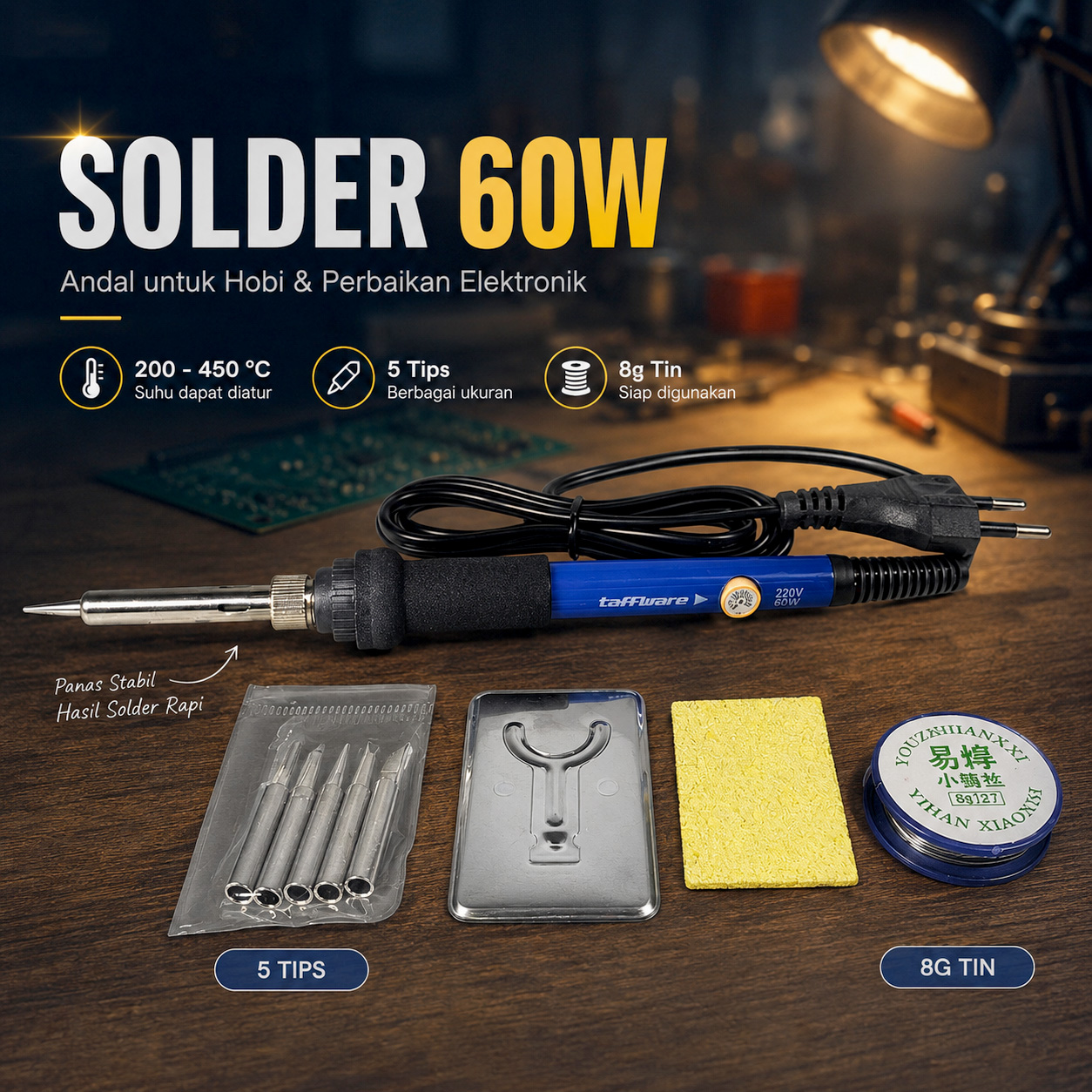Taffware Solder Adjustable Temperature Fast Heating 60W 5 Tips 8g Tin - CS-31 C Gambar produk Taffware Solder Adjustable Temperature Fast Heating 60W 5 Tips 8g Tin - CS-31 C - Utama